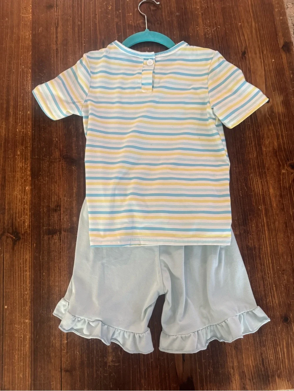 Pastel Blue Stripe Bunny Pajama Set with Ruffle Shorts